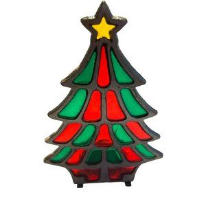 Stained Glass Christmas Tree Candle Holder Vintage Cast Iron Twain R.O.C.
